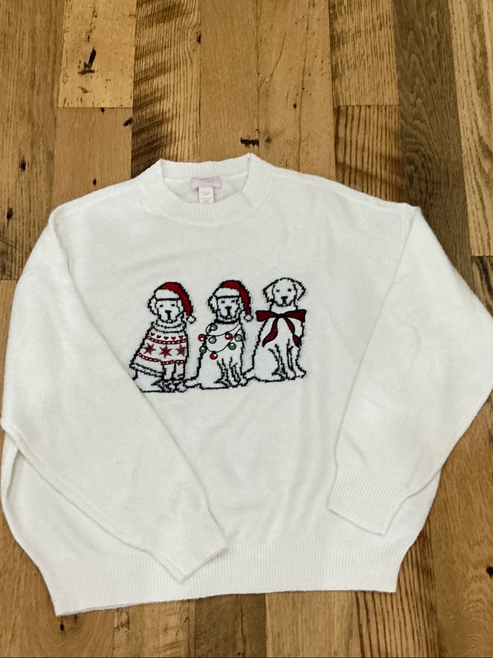 PINK Victoria's Secret White Crewneck Sweater with Festive Dog Trio